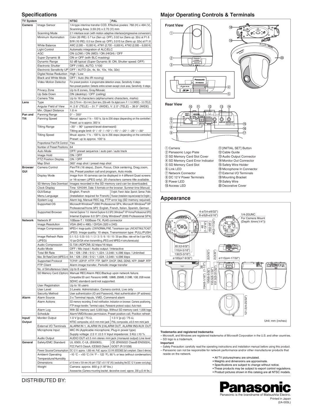 Panasonic WV-NS202A manual Specifications, Major Operating Controls & Terminals 