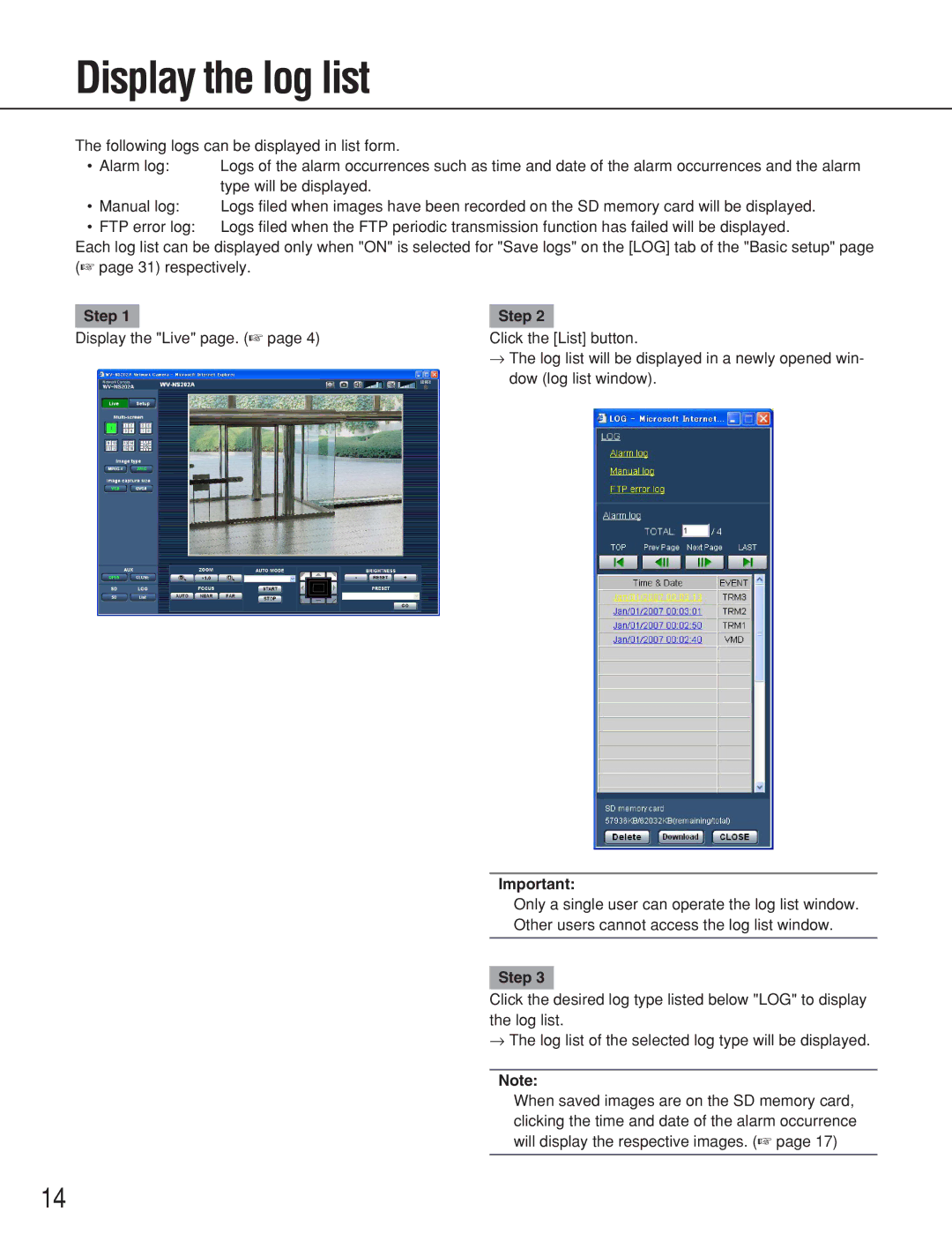 Panasonic WV-NS202A operating instructions Display the log list, Step 