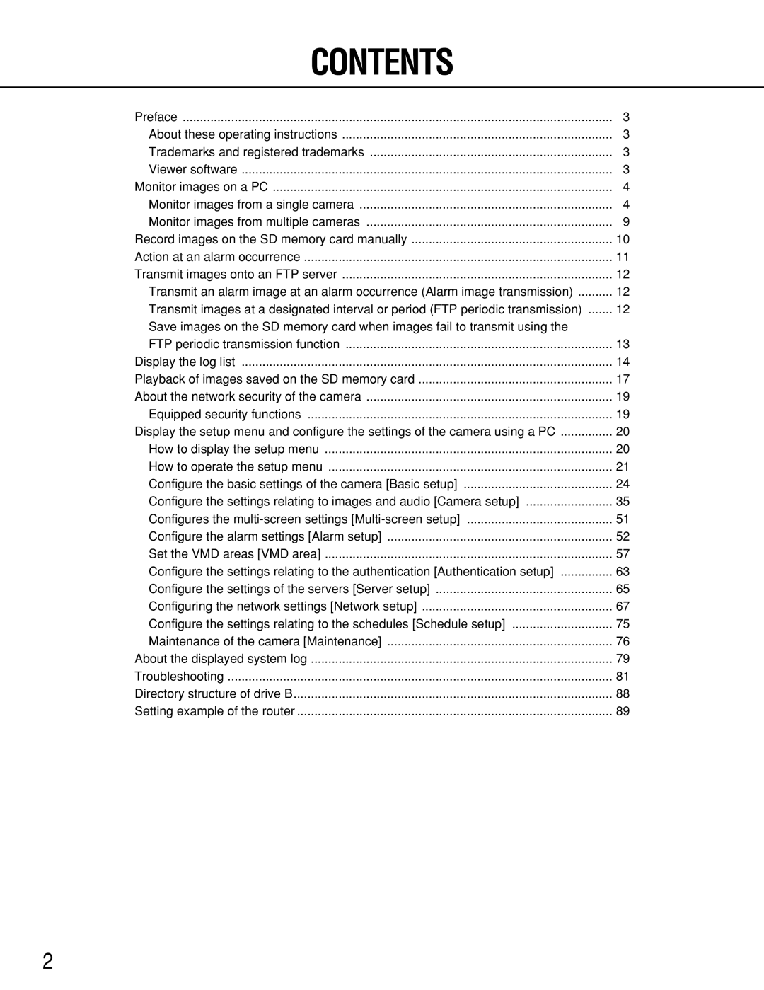 Panasonic WV-NS202A operating instructions Contents 