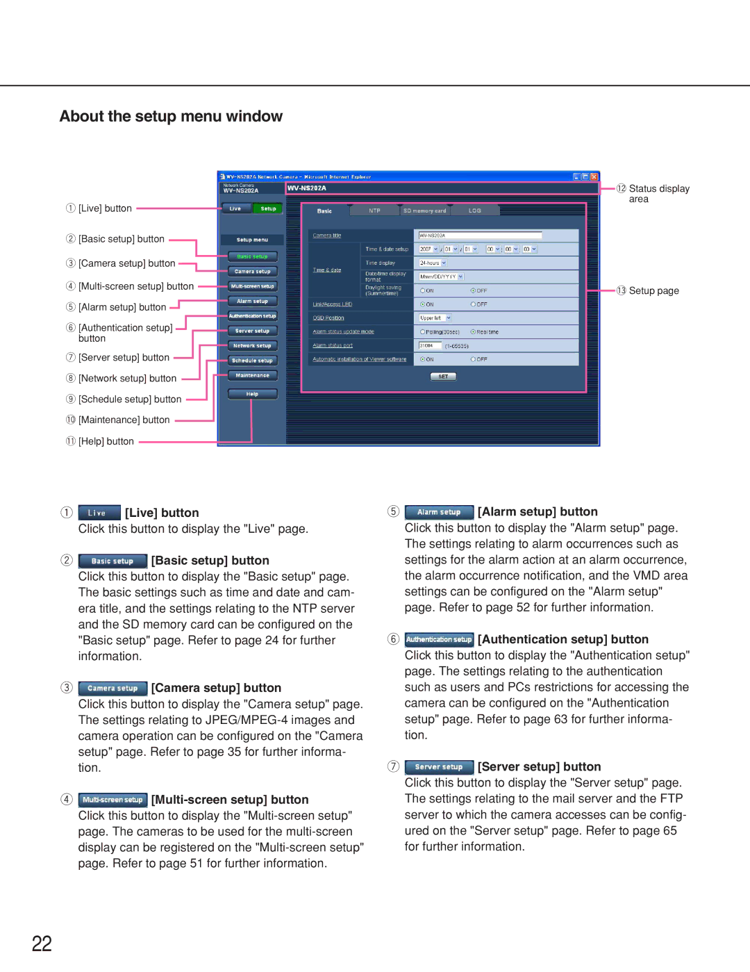 Panasonic WV-NS202A operating instructions About the setup menu window 