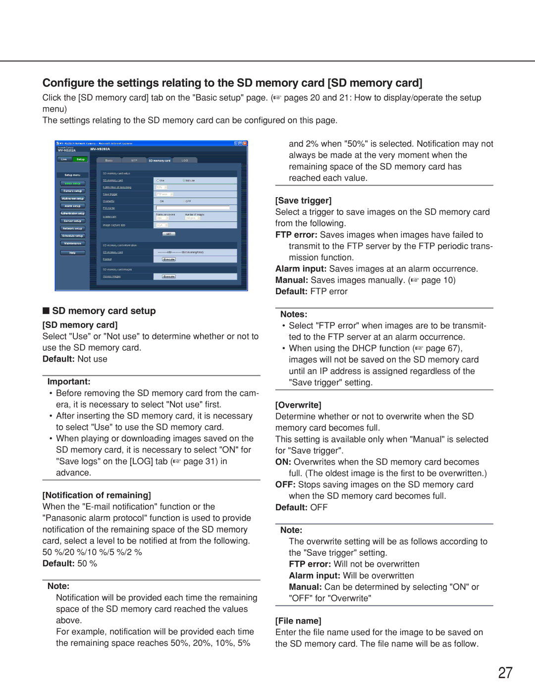 Panasonic WV-NS202A operating instructions SD memory card setup 