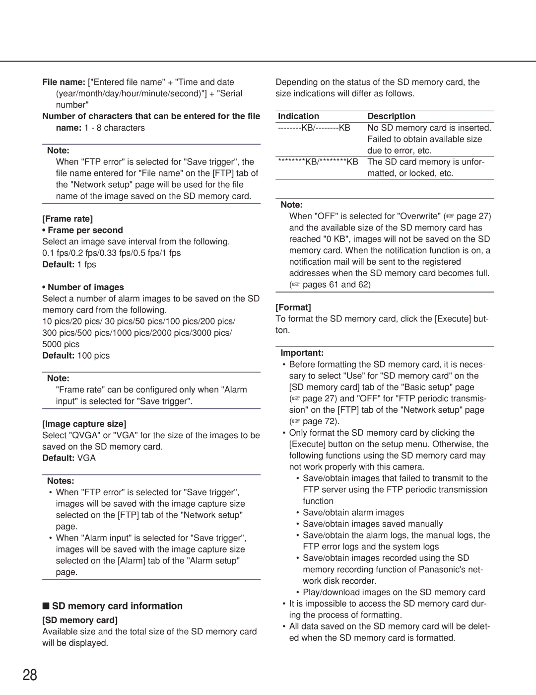 Panasonic WV-NS202A operating instructions SD memory card information 