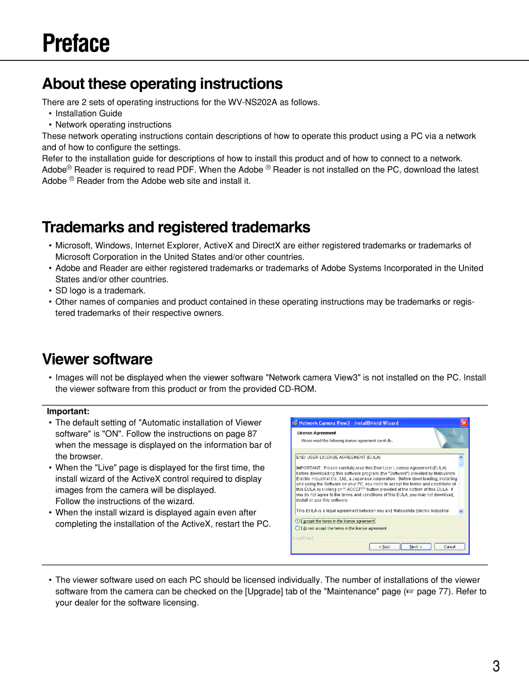 Panasonic WV-NS202A Preface, About these operating instructions, Trademarks and registered trademarks, Viewer software 