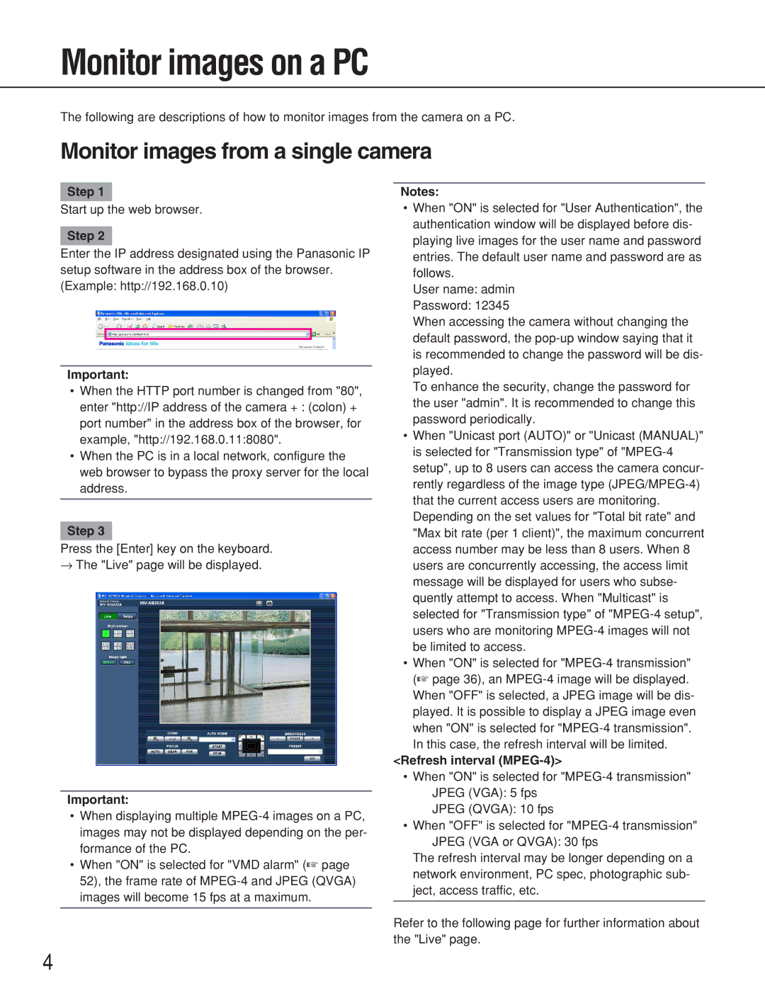 Panasonic WV-NS202A Monitor images on a PC, Monitor images from a single camera, Step, Refresh interval MPEG-4 