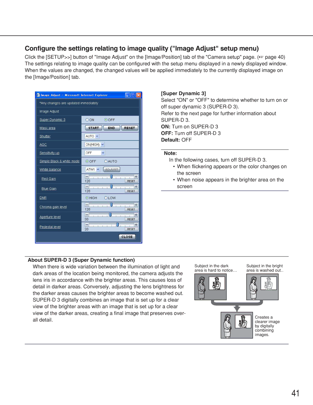 Panasonic WV-NS202A operating instructions About SUPER-D 3 Super Dynamic function 