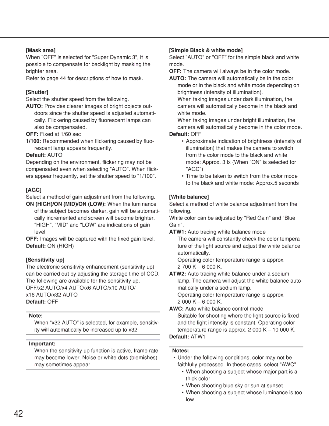 Panasonic WV-NS202A Mask area, Shutter, Default Auto, Default on High Sensitivity up, Simple Black & white mode 