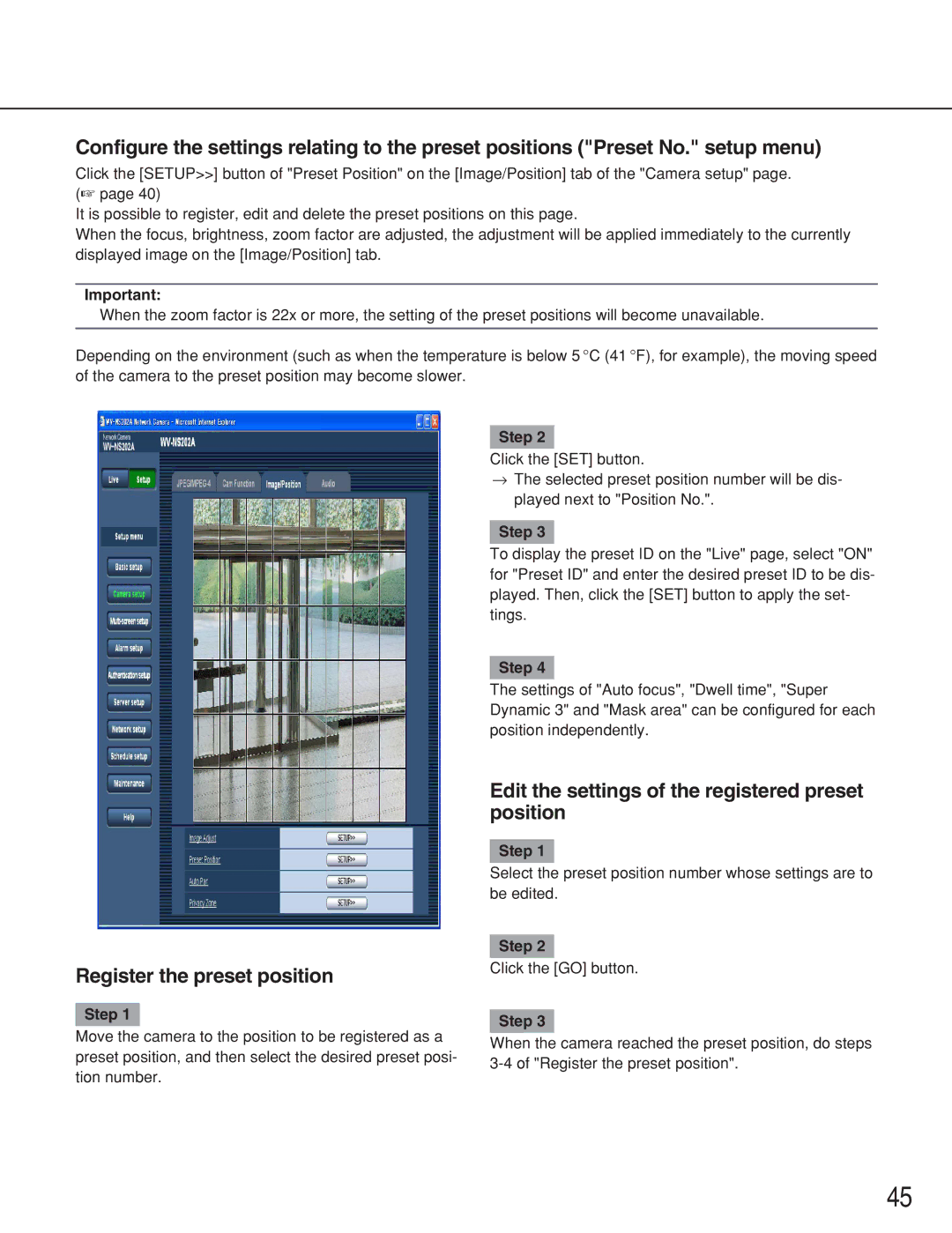 Panasonic WV-NS202A Register the preset position, Edit the settings of the registered preset position 