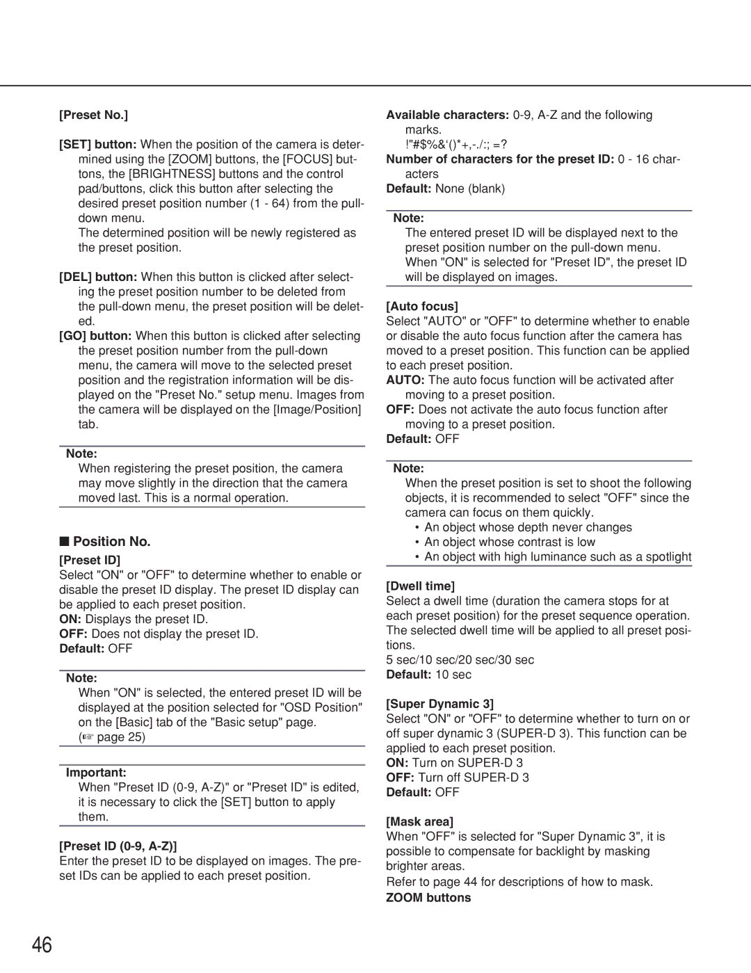 Panasonic WV-NS202A operating instructions Position No 