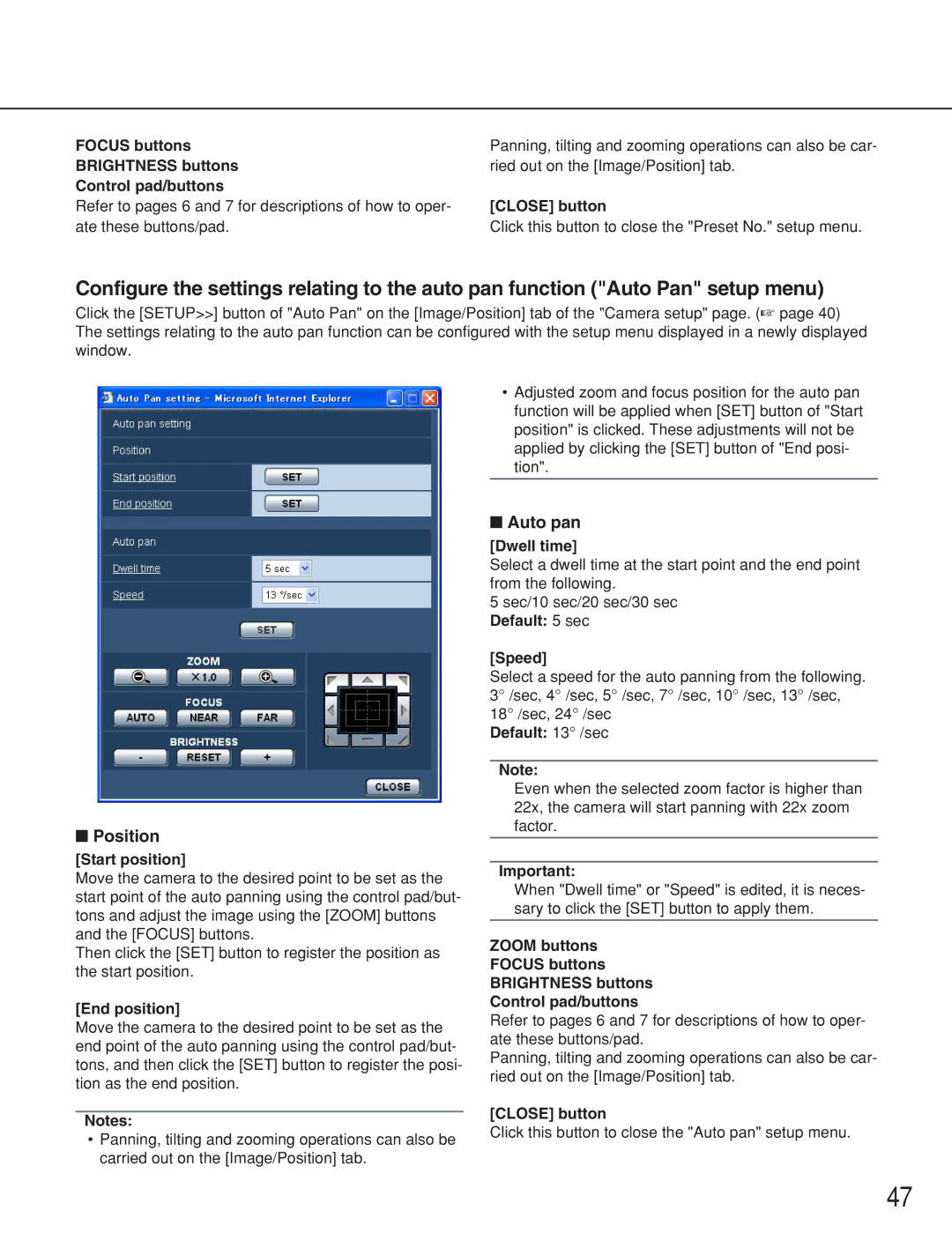 Panasonic WV-NS202A operating instructions Position, Auto pan 