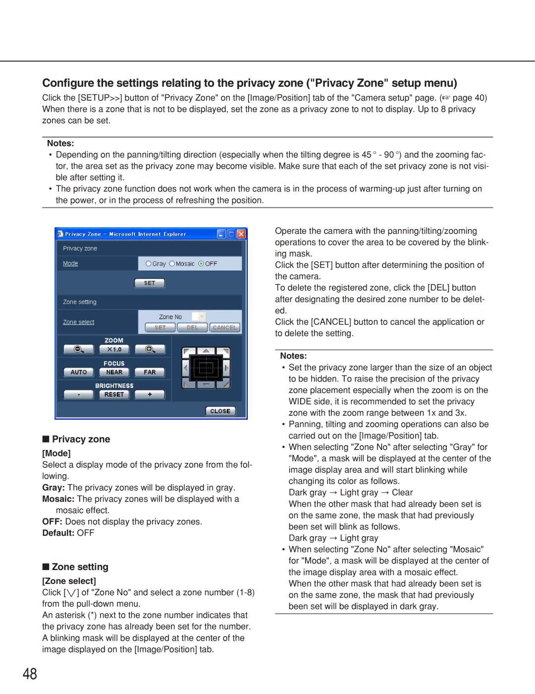 Panasonic WV-NS202A operating instructions Privacy zone, Zone setting, Mode, Zone select 