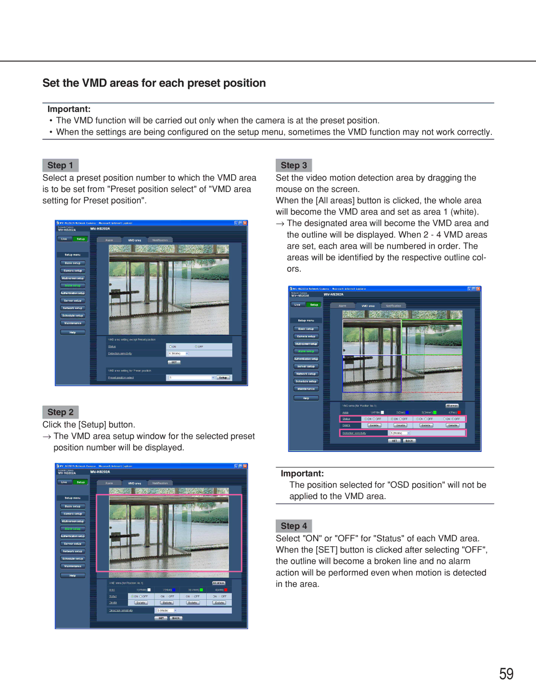 Panasonic WV-NS202A operating instructions Set the VMD areas for each preset position, Step 