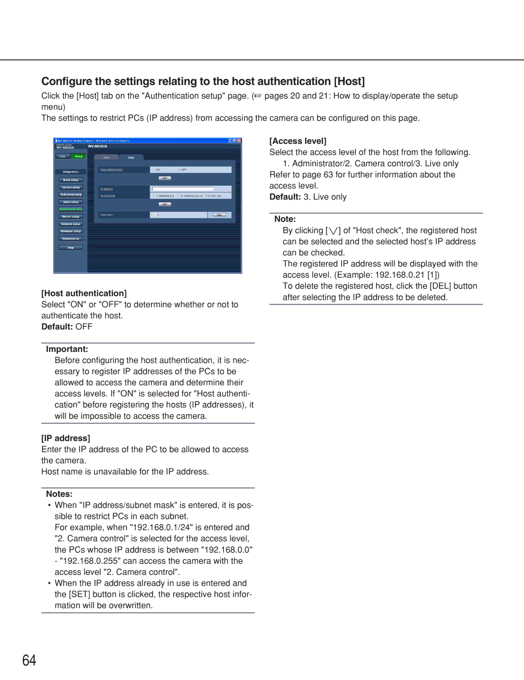 Panasonic WV-NS202A operating instructions Host authentication, Default OFF Access level 