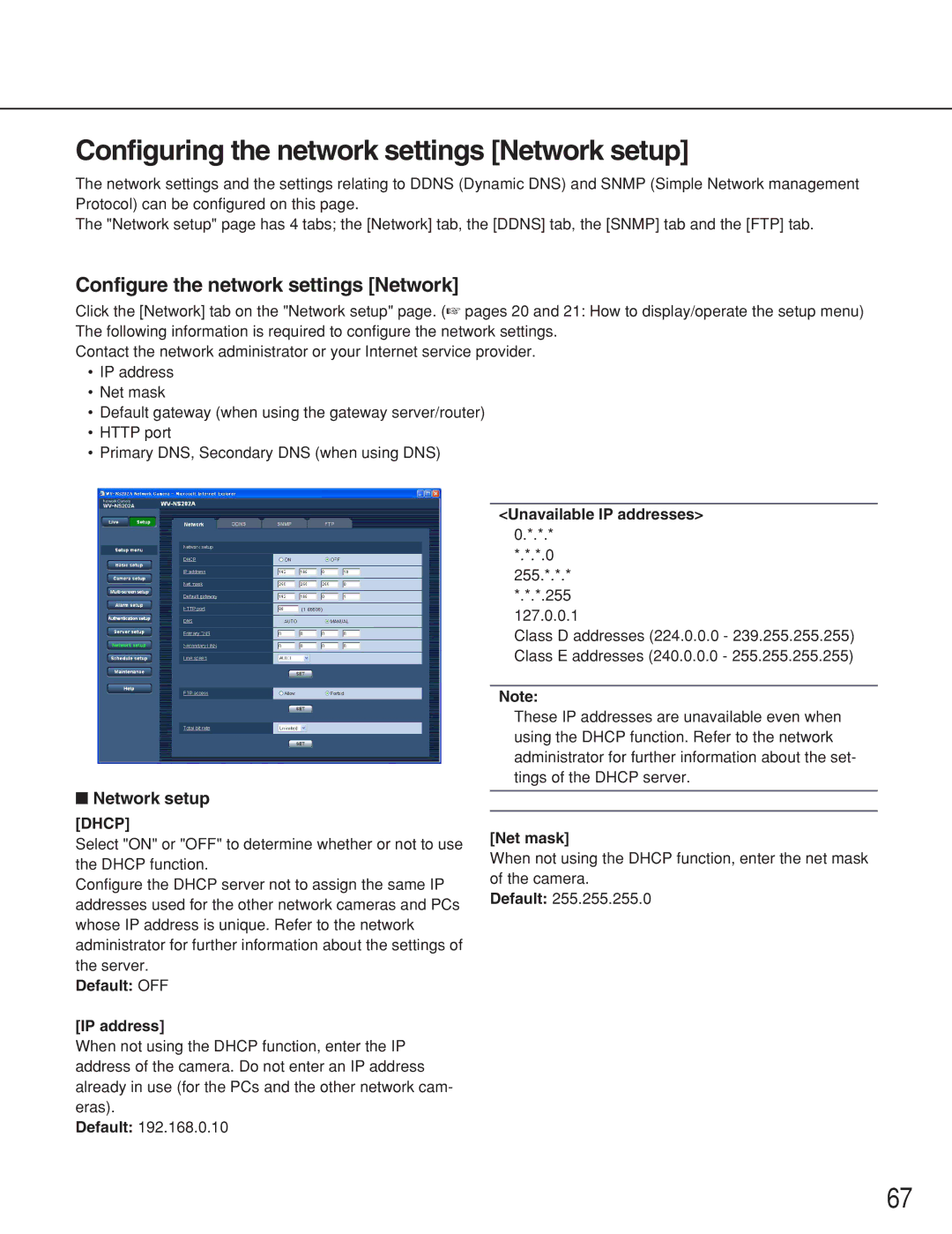 Panasonic WV-NS202A Configuring the network settings Network setup, Configure the network settings Network 