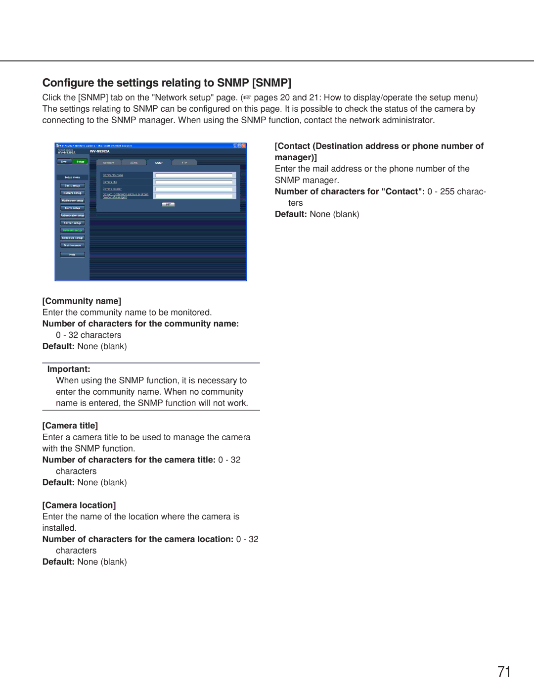 Panasonic WV-NS202A operating instructions Configure the settings relating to Snmp Snmp 