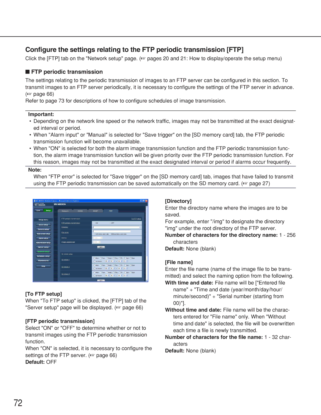 Panasonic WV-NS202A FTP periodic transmission, Default OFF Directory, Number of characters for the directory name 1 