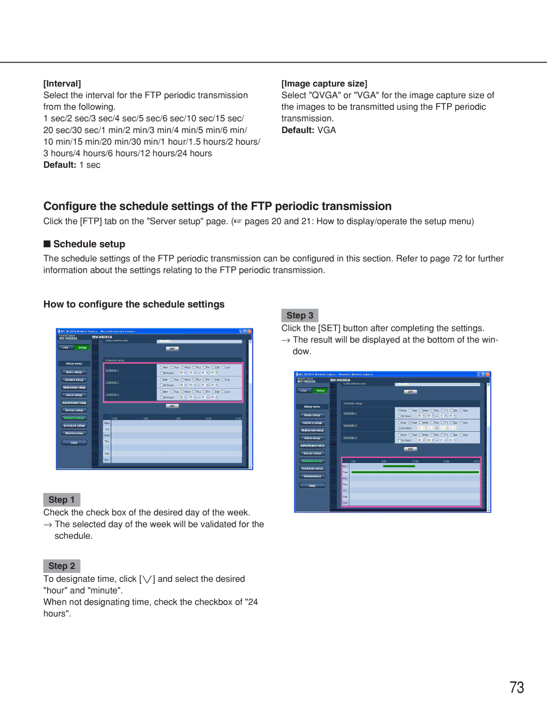 Panasonic WV-NS202A operating instructions Schedule setup, How to configure the schedule settings, Interval 