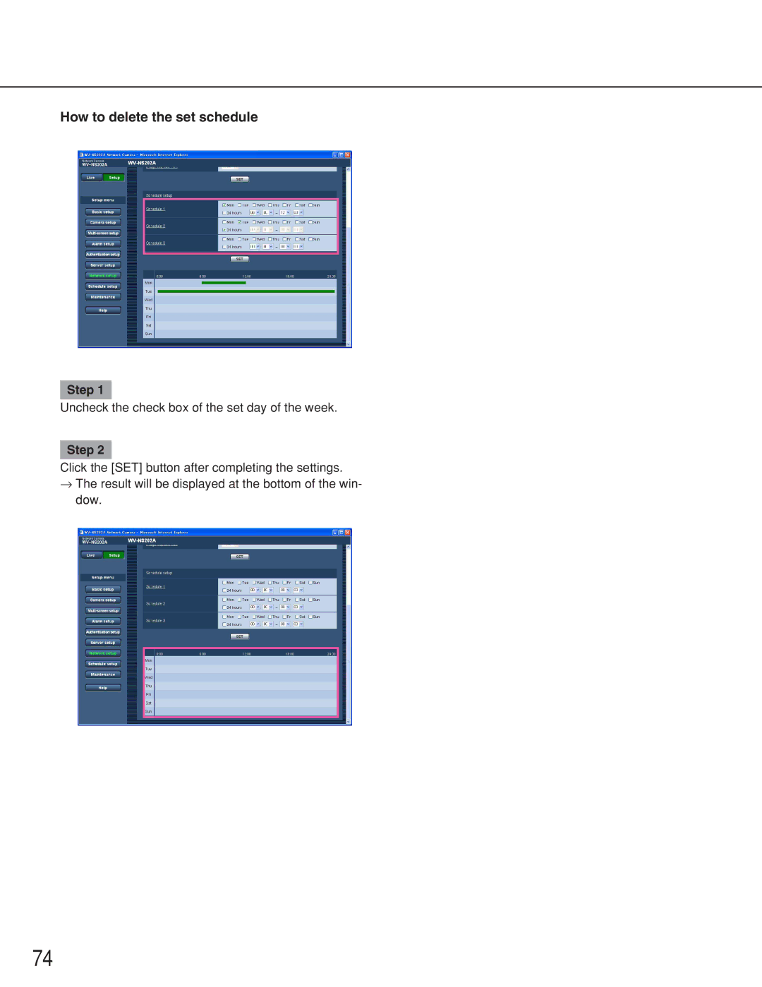 Panasonic WV-NS202A operating instructions How to delete the set schedule 