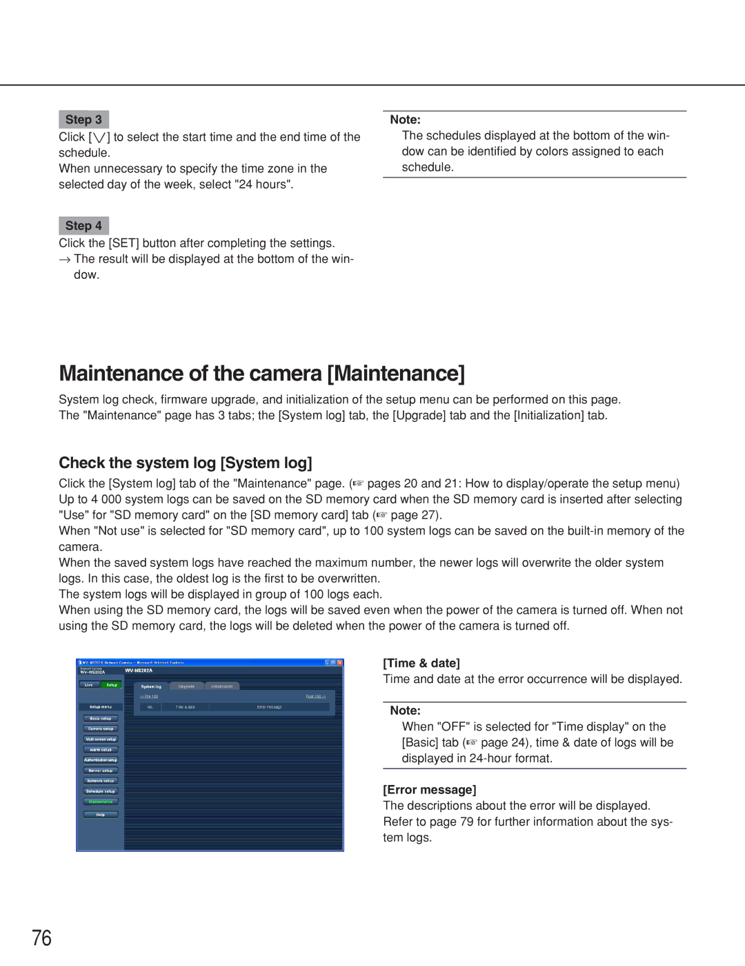 Panasonic WV-NS202A Maintenance of the camera Maintenance, Check the system log System log, Error message 