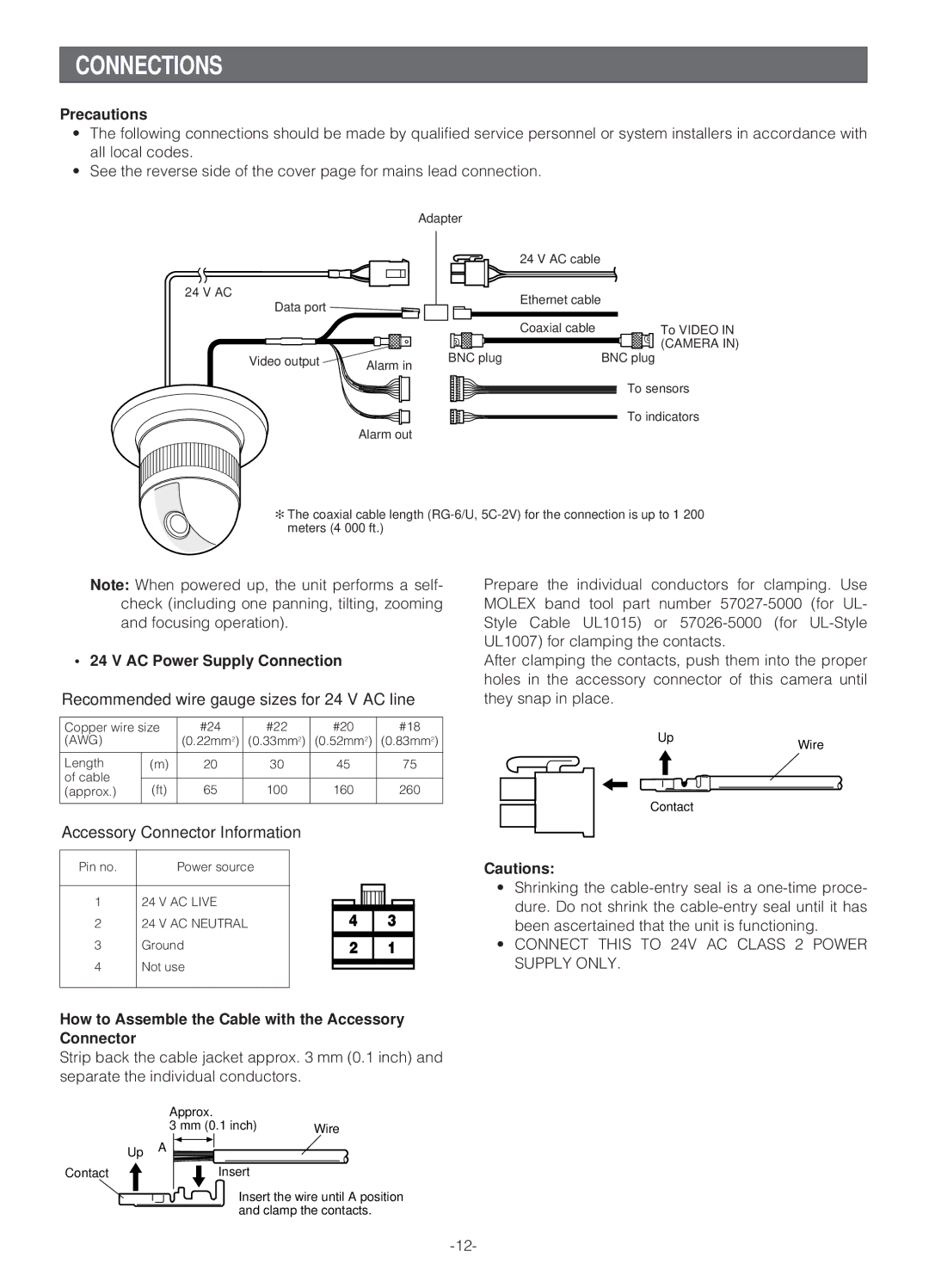 Panasonic WV-NS324 Connections, AC Power Supply Connection, How to Assemble the Cable with the Accessory Connector 