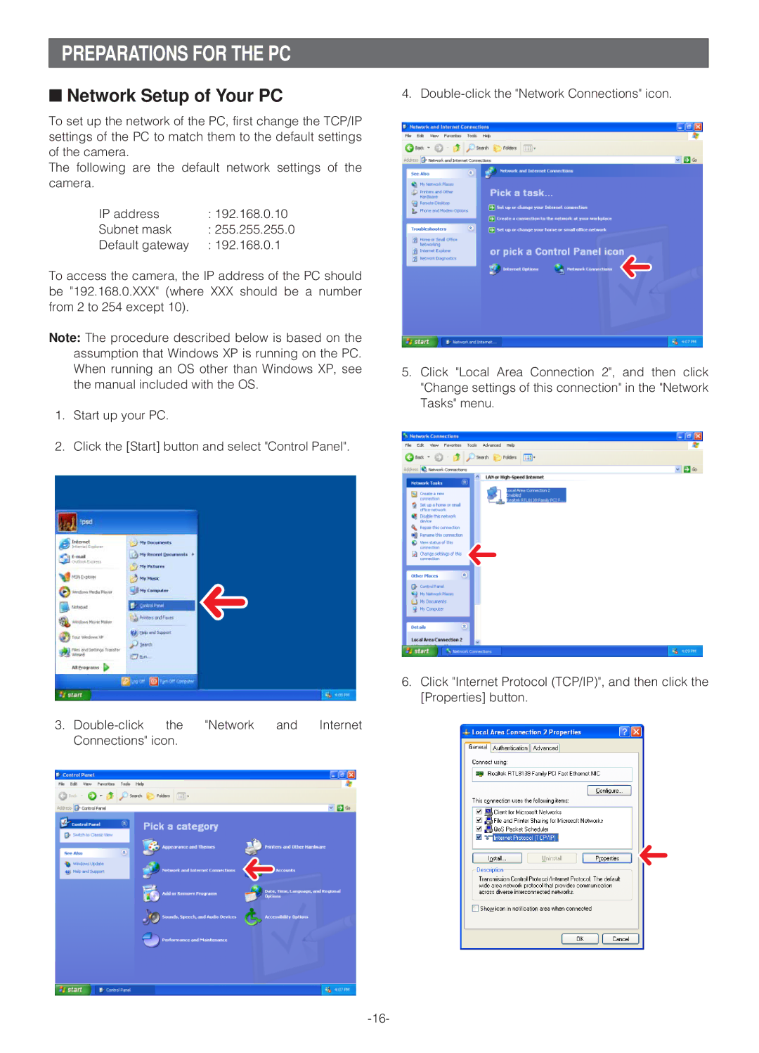 Panasonic WV-NS324 operating instructions Preparations for the PC, Network Setup of Your PC 