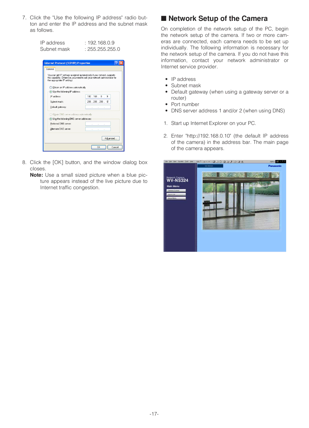 Panasonic WV-NS324 operating instructions Network Setup of the Camera 