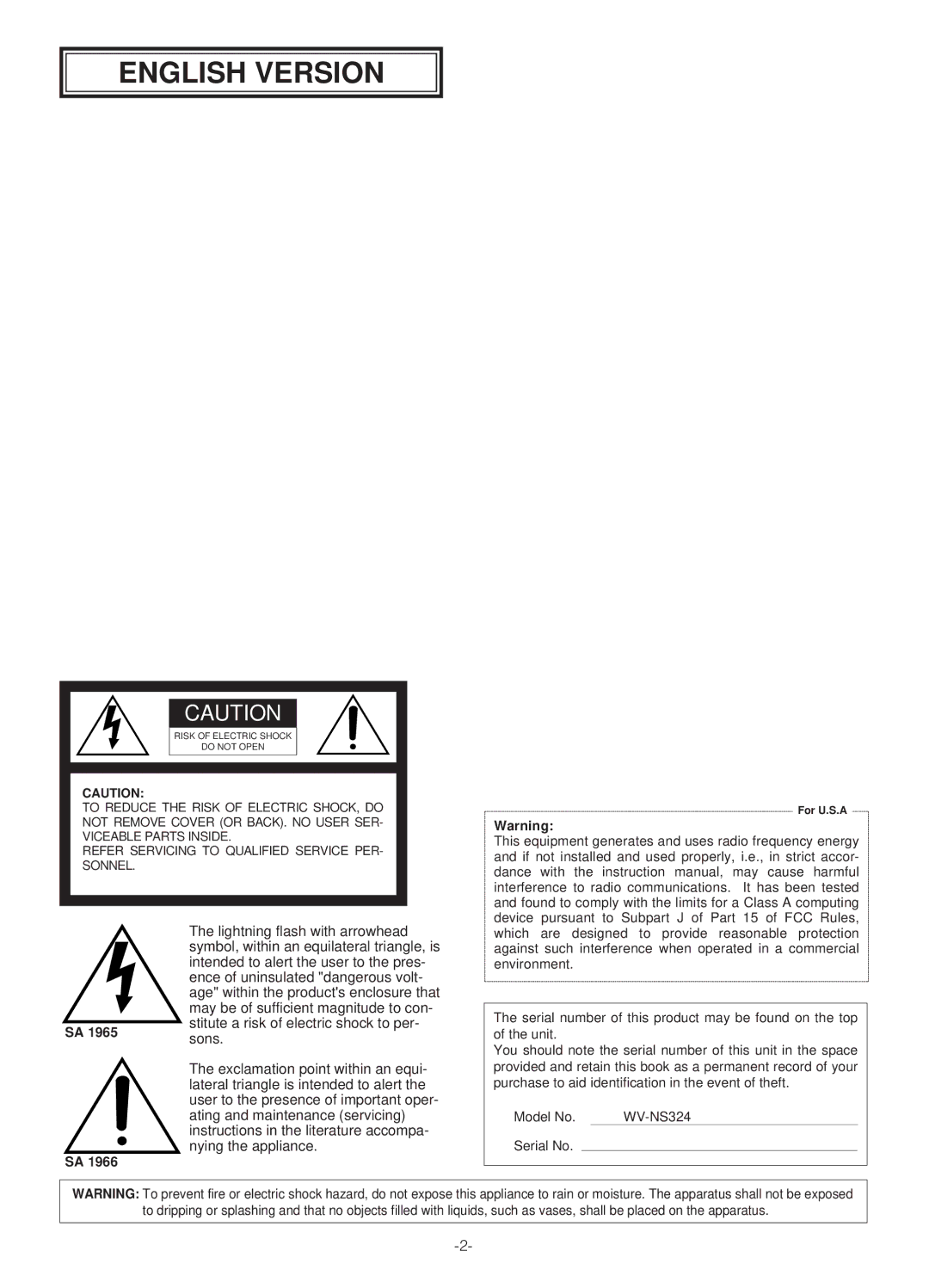 Panasonic WV-NS324 operating instructions English Version 