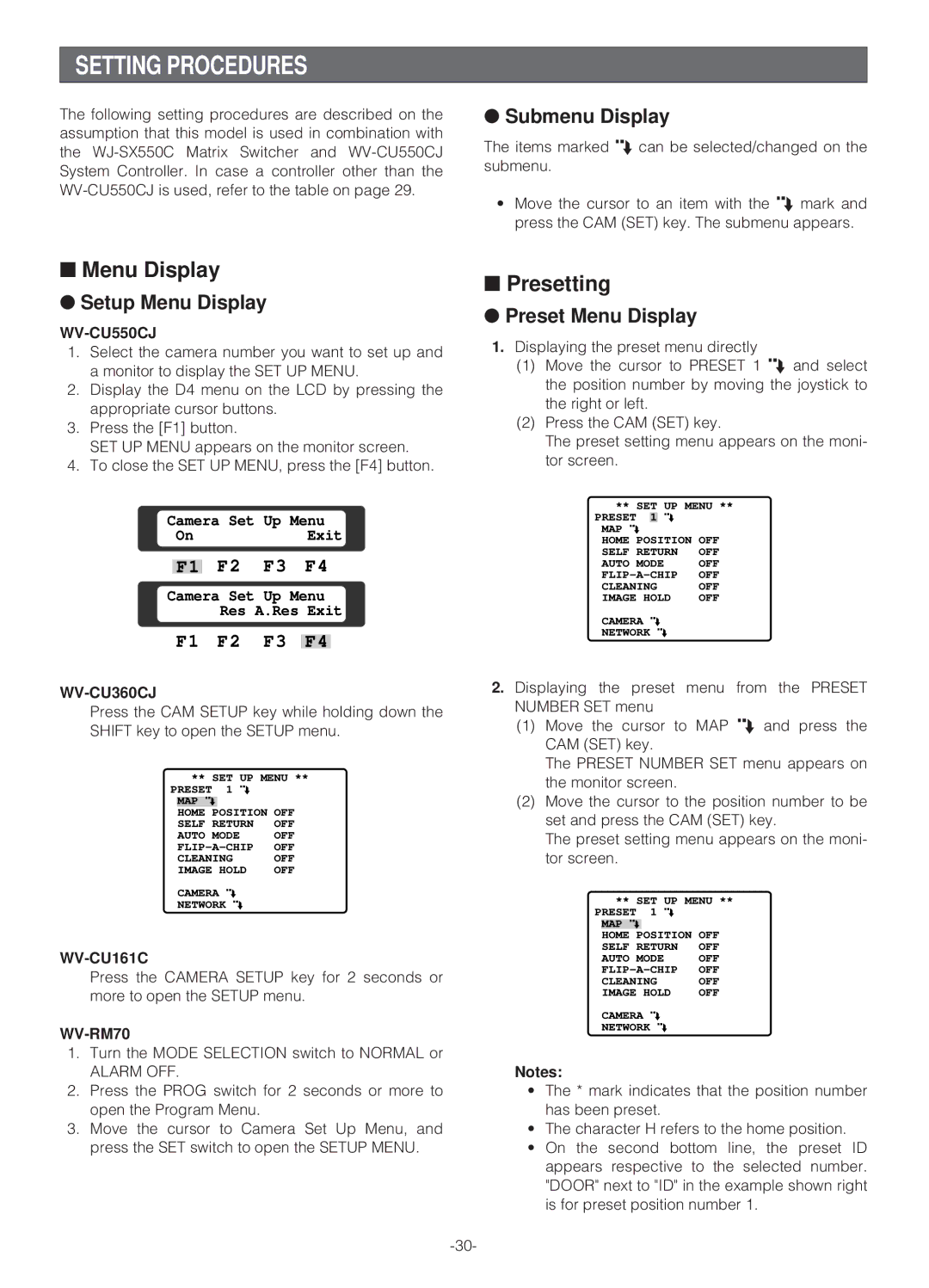 Panasonic WV-NS324 operating instructions Setting Procedures, Menu Display, Presetting 