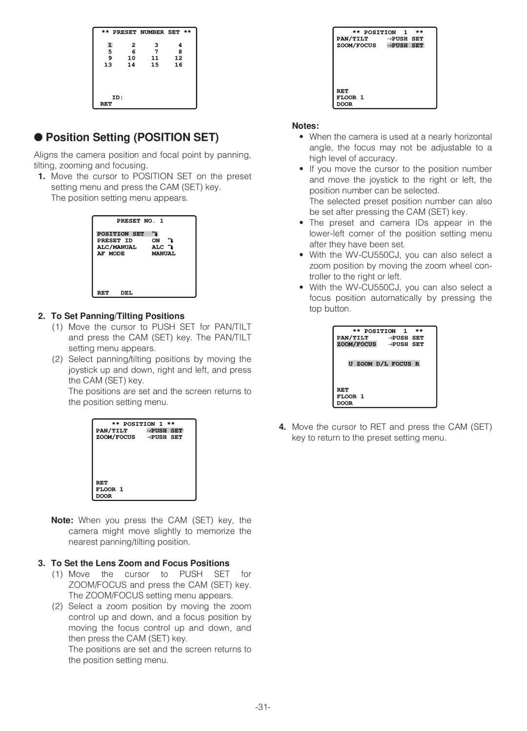 Panasonic WV-NS324 operating instructions Position Setting Position SET, To Set Panning/Tilting Positions 