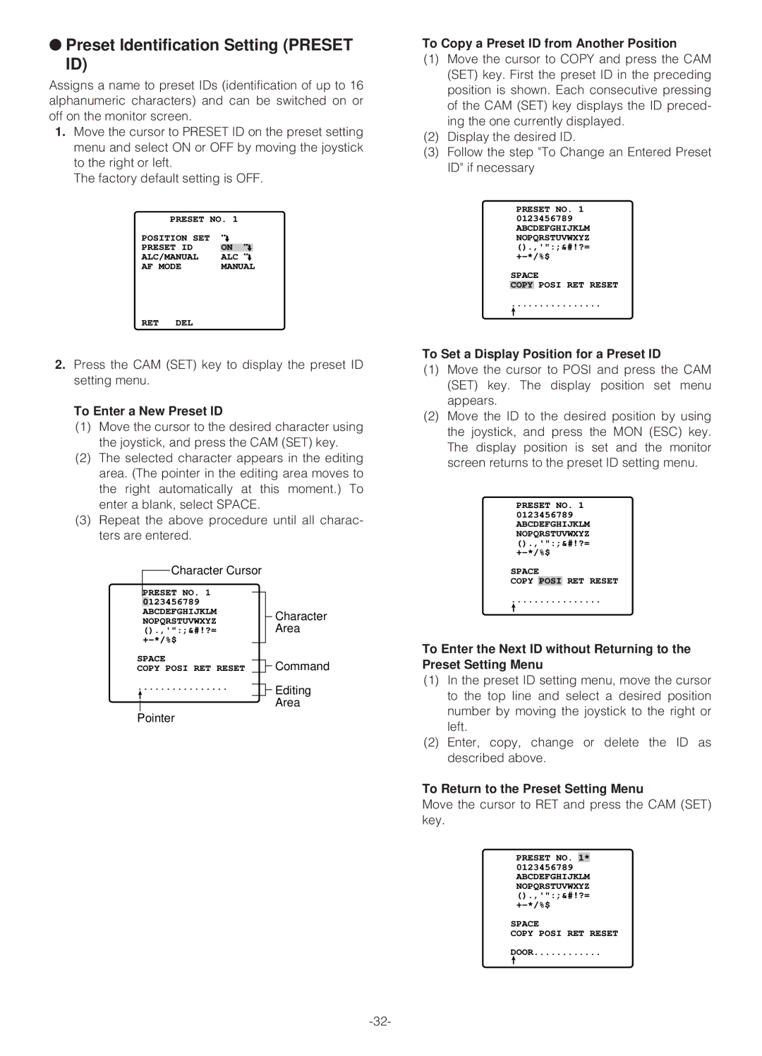 Panasonic WV-NS324 operating instructions Preset Identification Setting Preset ID 