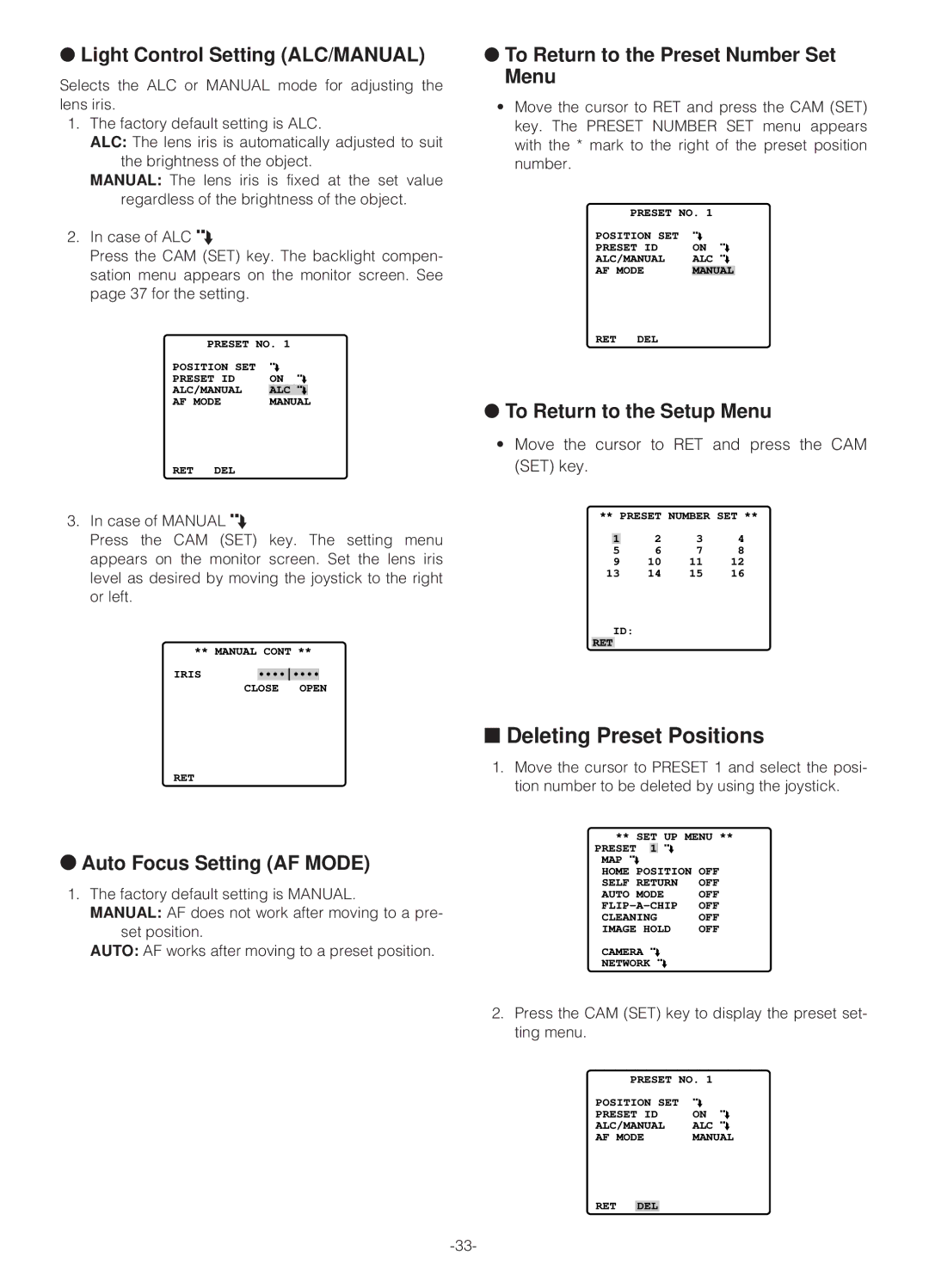 Panasonic WV-NS324 Deleting Preset Positions, Light Control Setting ALC/MANUAL, Auto Focus Setting AF Mode 