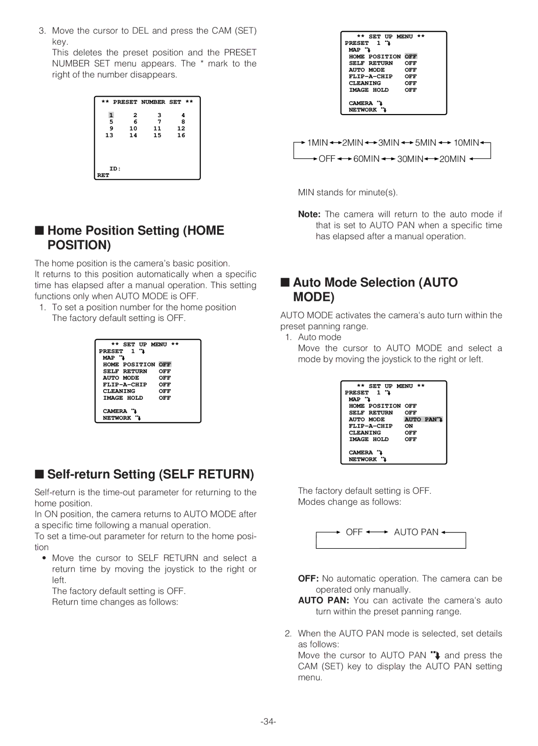 Panasonic WV-NS324 Home Position Setting Home, Self-return Setting Self Return, Auto Mode Selection Auto Mode 