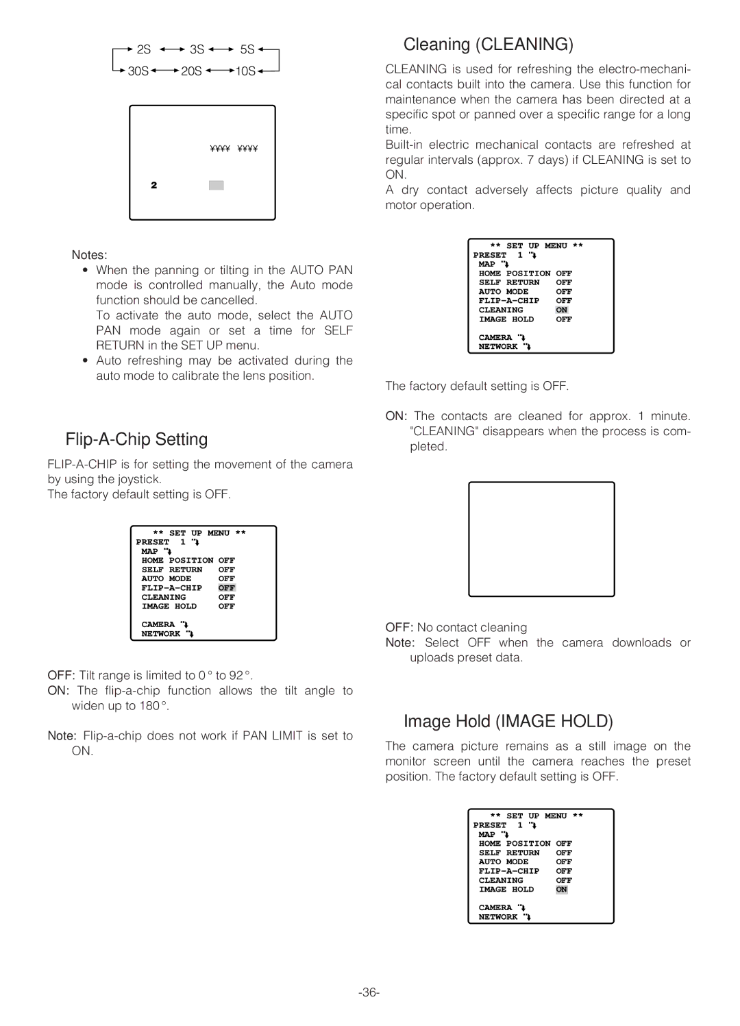 Panasonic WV-NS324 operating instructions Flip-A-Chip Setting, Cleaning Cleaning, Image Hold Image Hold, 30S 20S 10S 