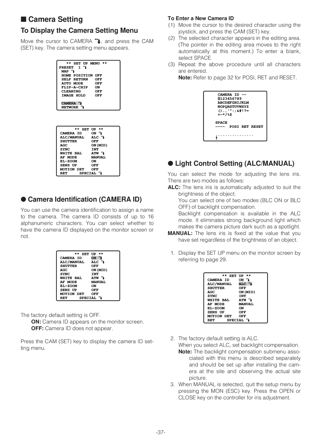 Panasonic WV-NS324 To Display the Camera Setting Menu, Camera Identification Camera ID, To Enter a New Camera ID 