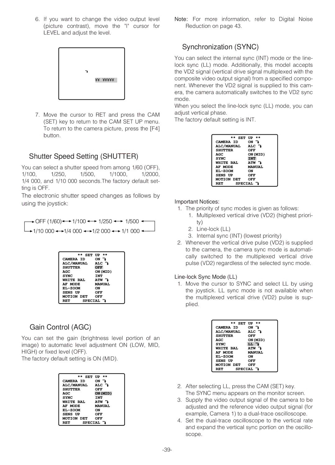 Panasonic WV-NS324 Shutter Speed Setting Shutter, Gain Control AGC, Synchronization Sync, Important Notices 