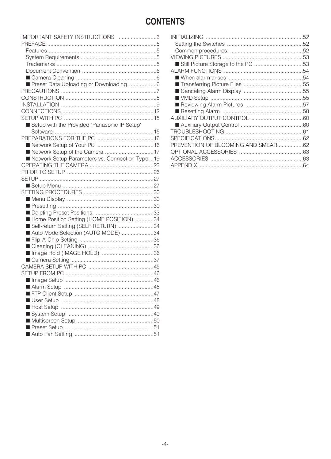 Panasonic WV-NS324 operating instructions Contents 