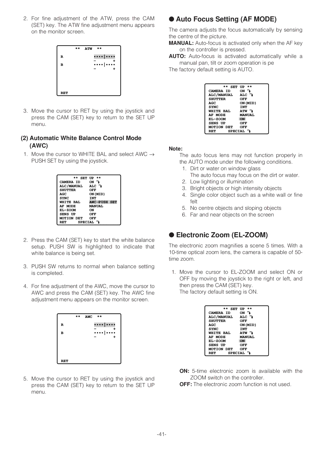 Panasonic WV-NS324 operating instructions Electronic Zoom EL-ZOOM, Automatic White Balance Control Mode AWC 