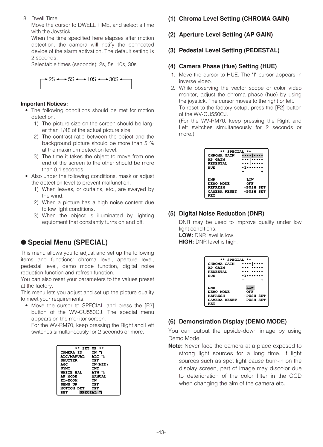 Panasonic WV-NS324 Special Menu Special, Digital Noise Reduction DNR, Demonstration Display Demo Mode 