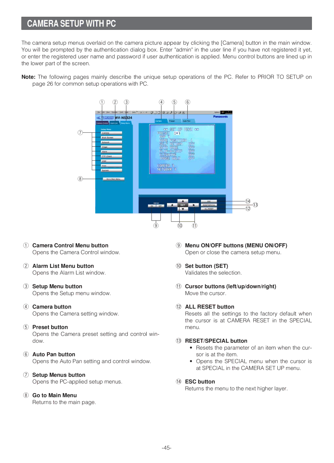 Panasonic WV-NS324 operating instructions Camera Setup with PC 