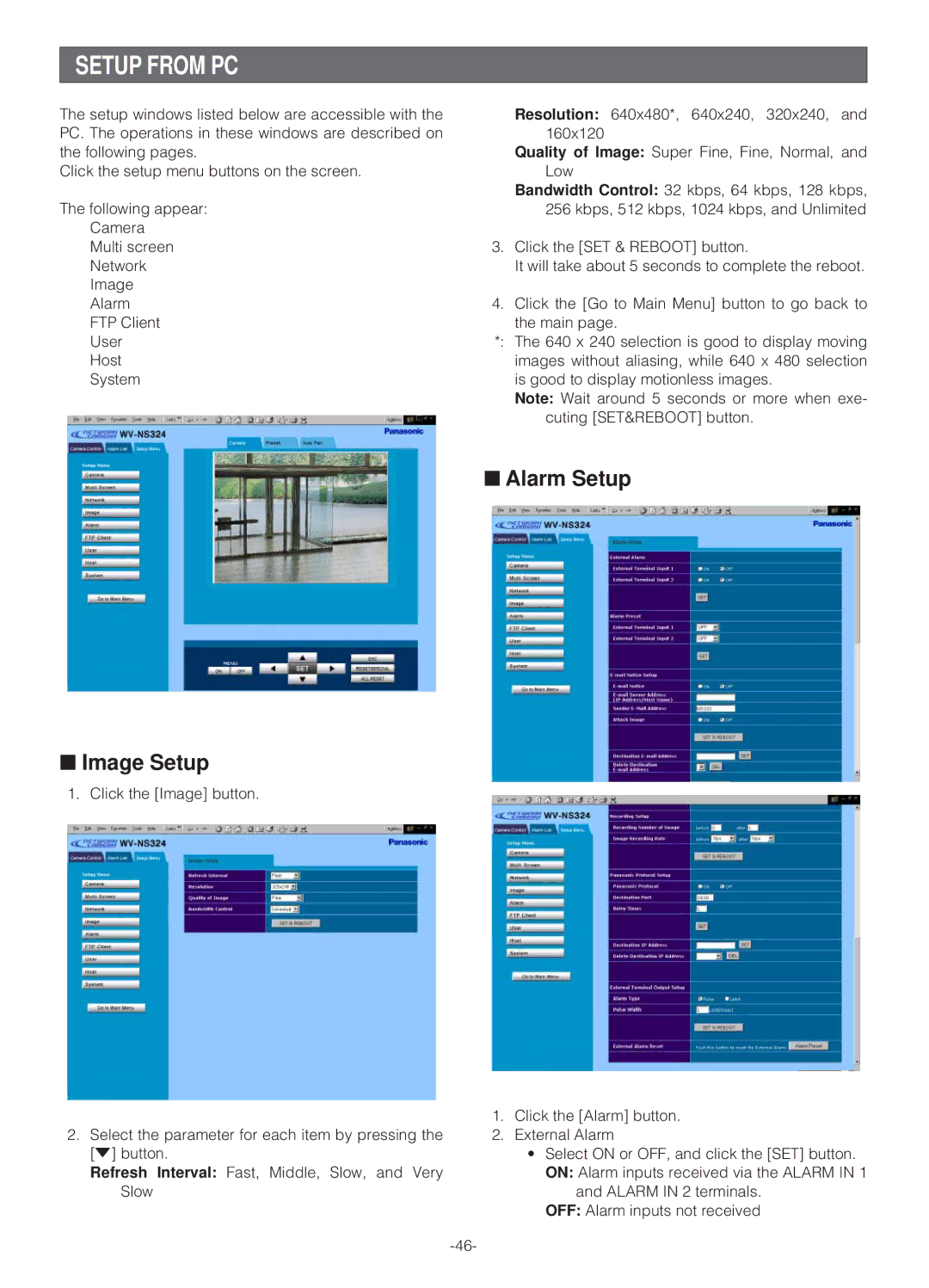 Panasonic WV-NS324 operating instructions Setup from PC, Image Setup, Alarm Setup 