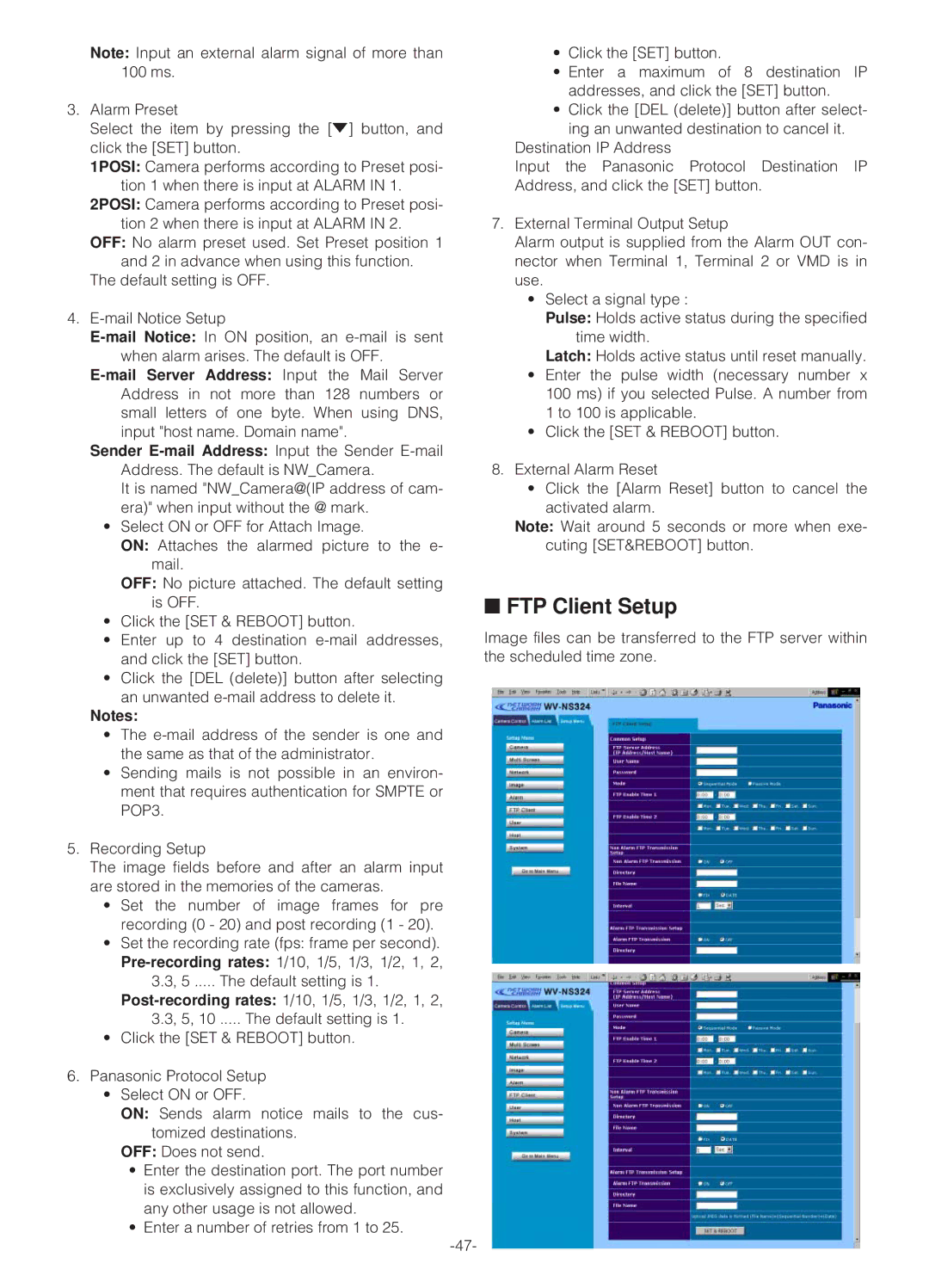 Panasonic WV-NS324 operating instructions FTP Client Setup 