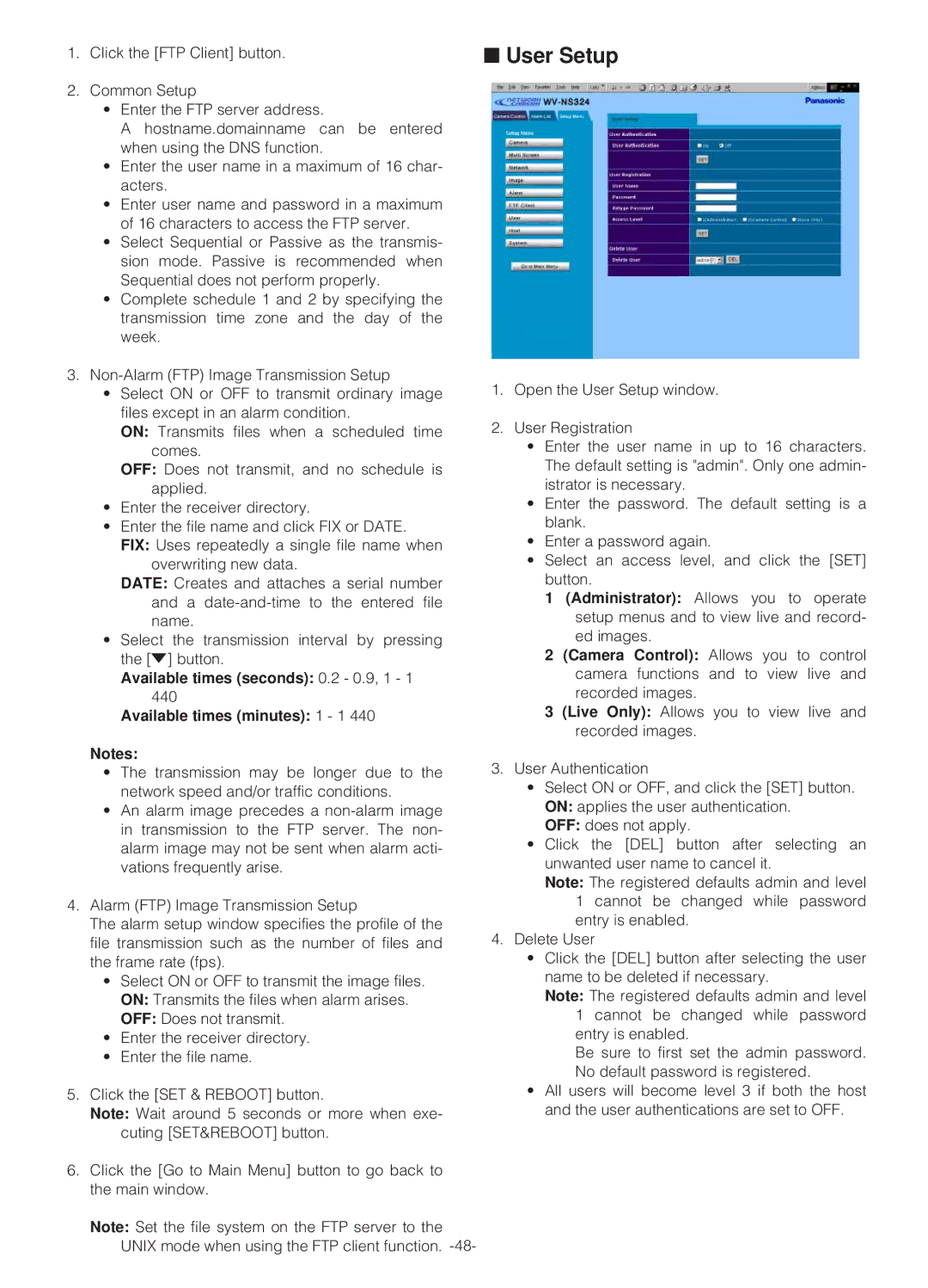 Panasonic WV-NS324 operating instructions User Setup 