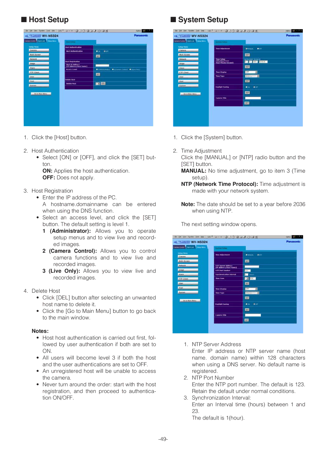 Panasonic WV-NS324 operating instructions Host Setup System Setup 