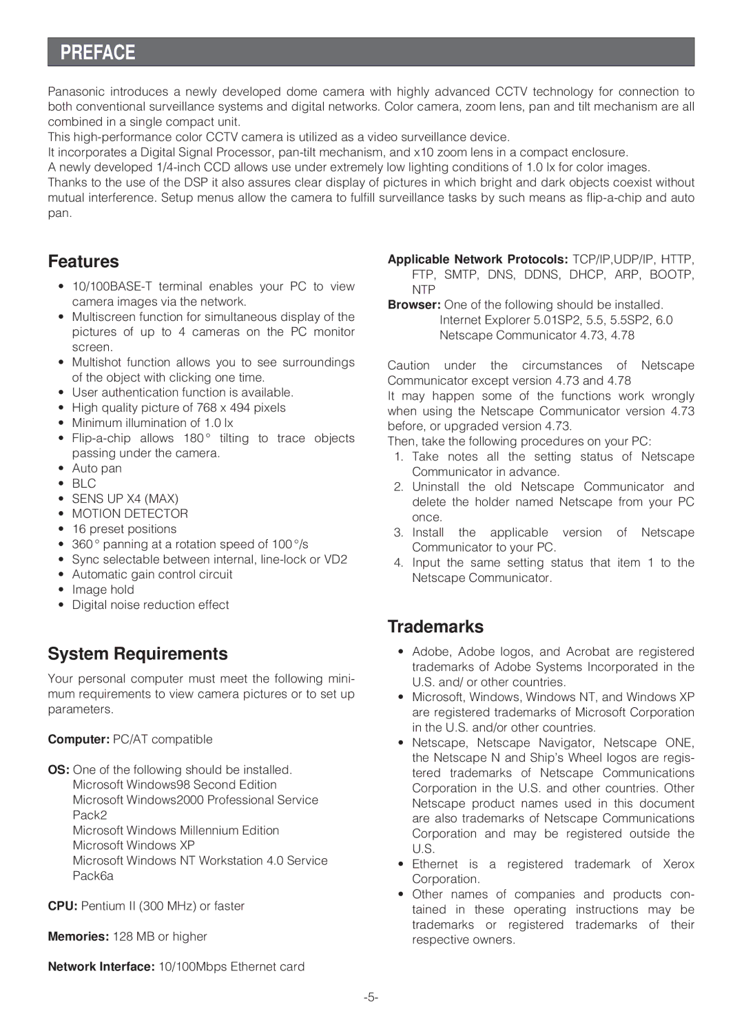 Panasonic WV-NS324 Preface, Features, System Requirements, Trademarks, BLC Sens UP X4 MAX Motion Detector 