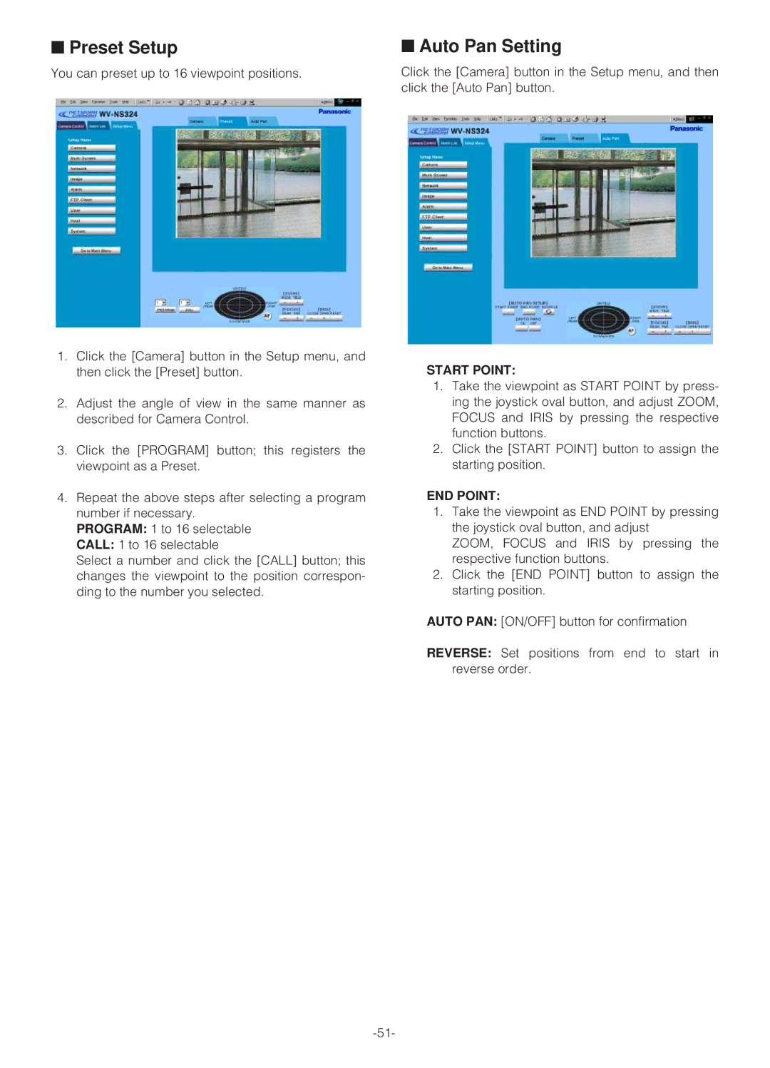 Panasonic WV-NS324 operating instructions Preset Setup, Auto Pan Setting 