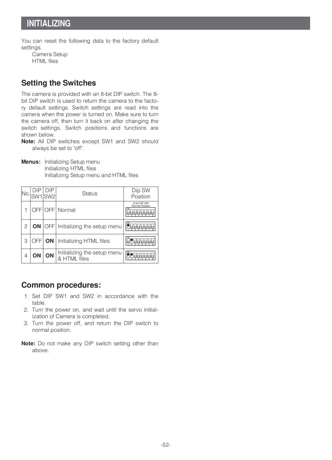 Panasonic WV-NS324 operating instructions Initializing, Setting the Switches, Common procedures 