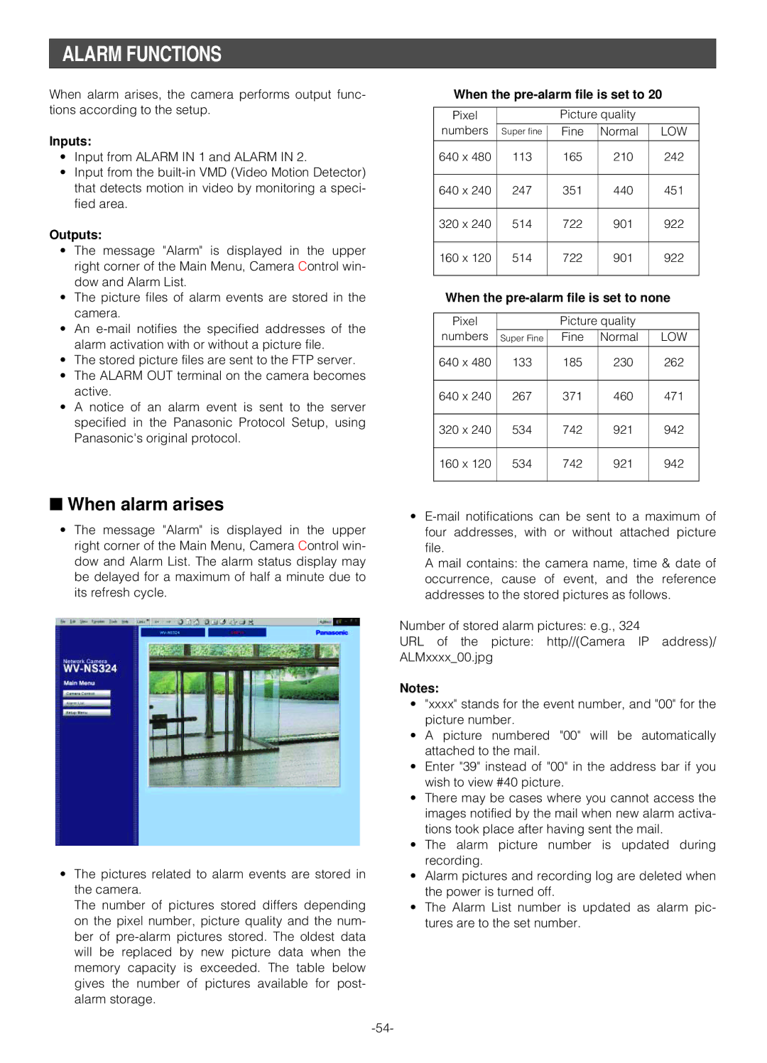 Panasonic WV-NS324 operating instructions Alarm Functions, When alarm arises 