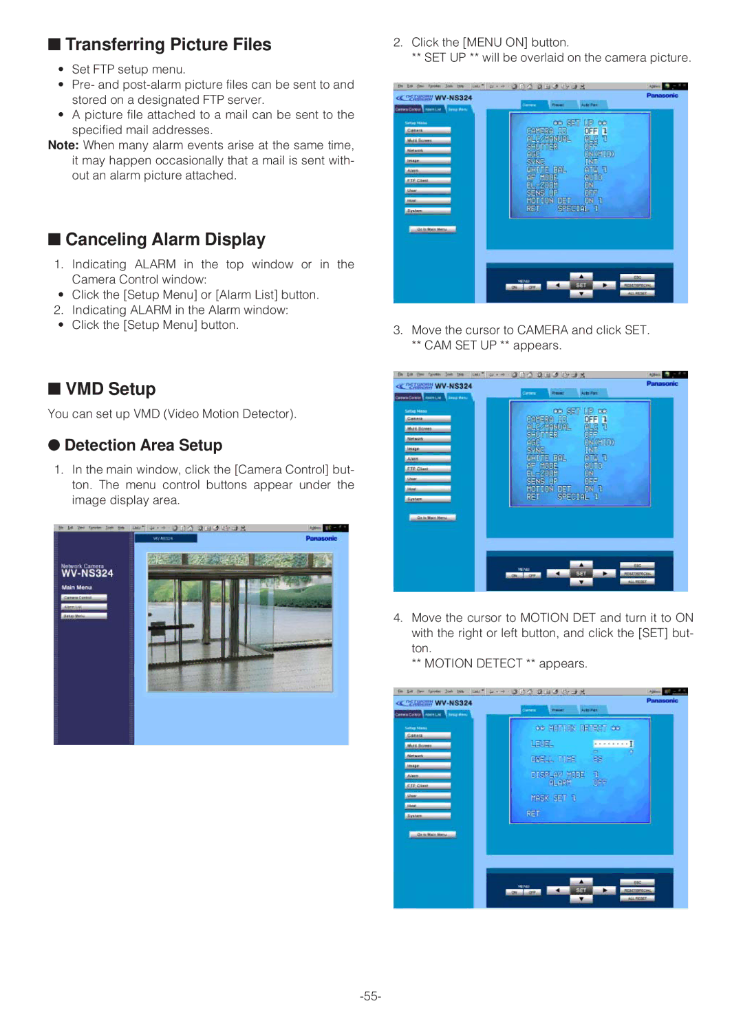 Panasonic WV-NS324 Transferring Picture Files, Canceling Alarm Display, VMD Setup, Detection Area Setup 