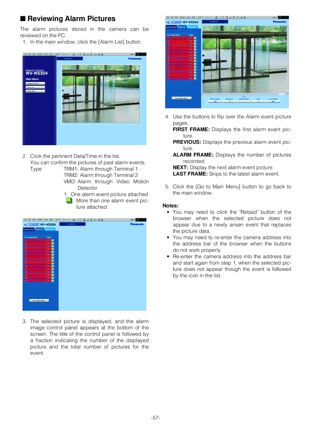 Panasonic WV-NS324 operating instructions Reviewing Alarm Pictures 