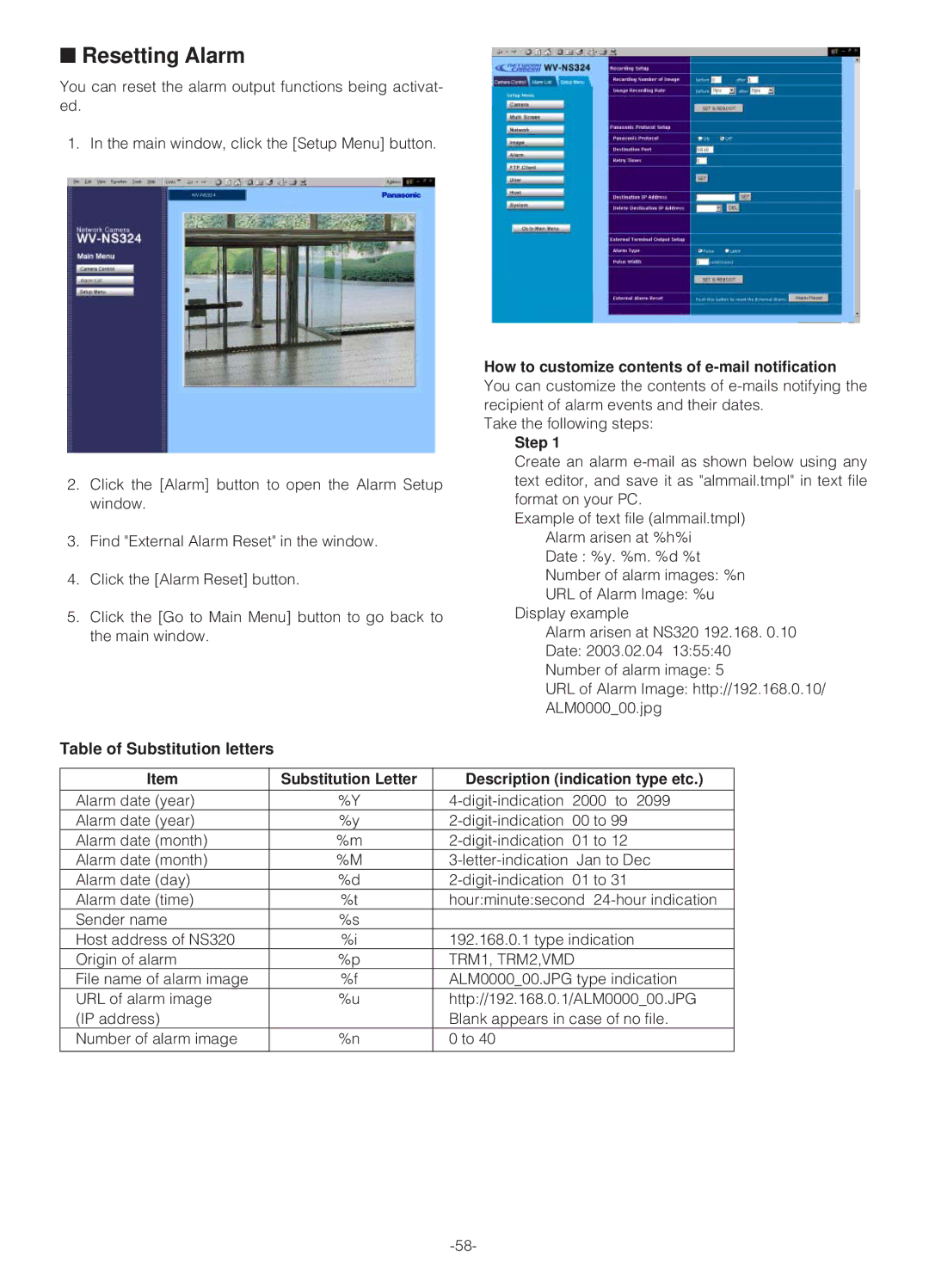 Panasonic WV-NS324 operating instructions Resetting Alarm, How to customize contents of e-mail notification, Step 