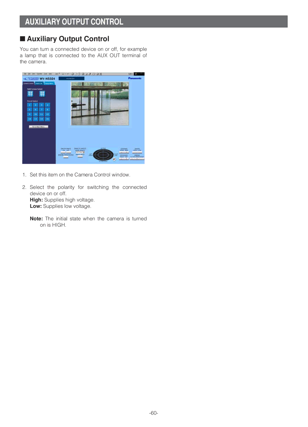 Panasonic WV-NS324 operating instructions Auxiliary Output Control 